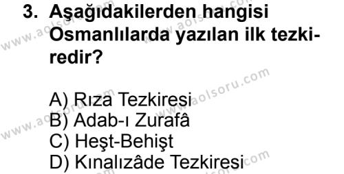 Seçmeli Türk Edebiyatı 4 Dersi 2012 - 2013 Yılı 1. Dönem Sınav Soruları 3. Soru