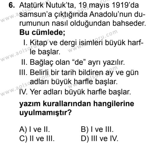 Aol Turk Dili Ve Edebiyati 8 Dersi 2018 2019 Yili 1 Donem Sinavi Aol Soru