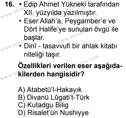 Türk Edebiyatı 4 Dersi 2015-2016 Yılı 1. Dönem Sınavı 16. Soru